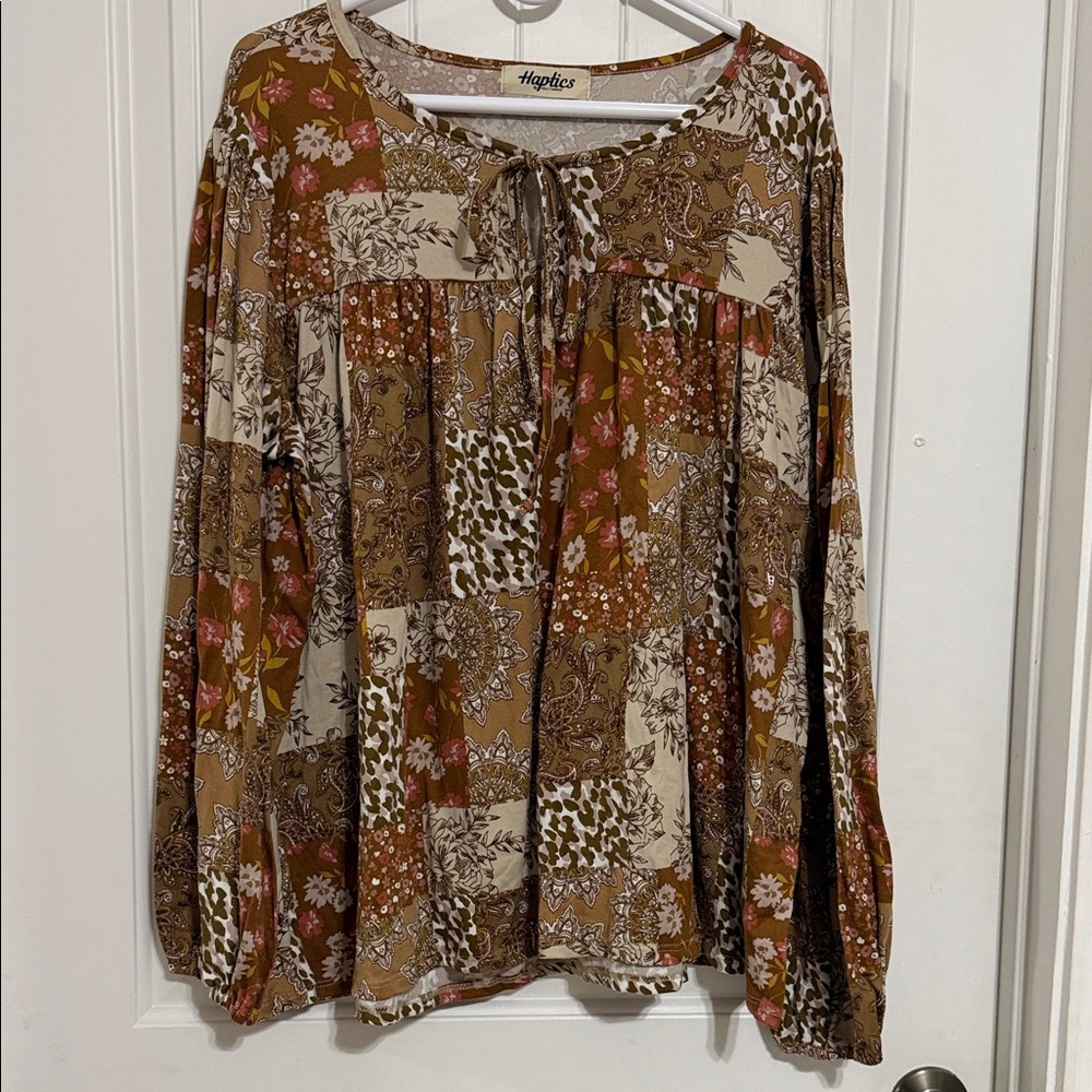 Haptics Brown Patchwork Floral Tie-Neck Tunic